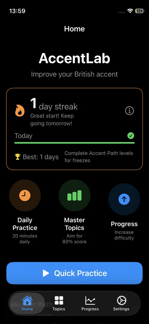 Accent Lab British accent home screen with daily practice
