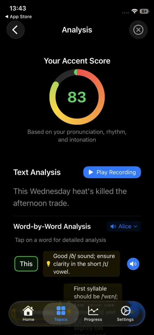 Accent Lab analysis screen with accent score, text analysis and word-level detail
