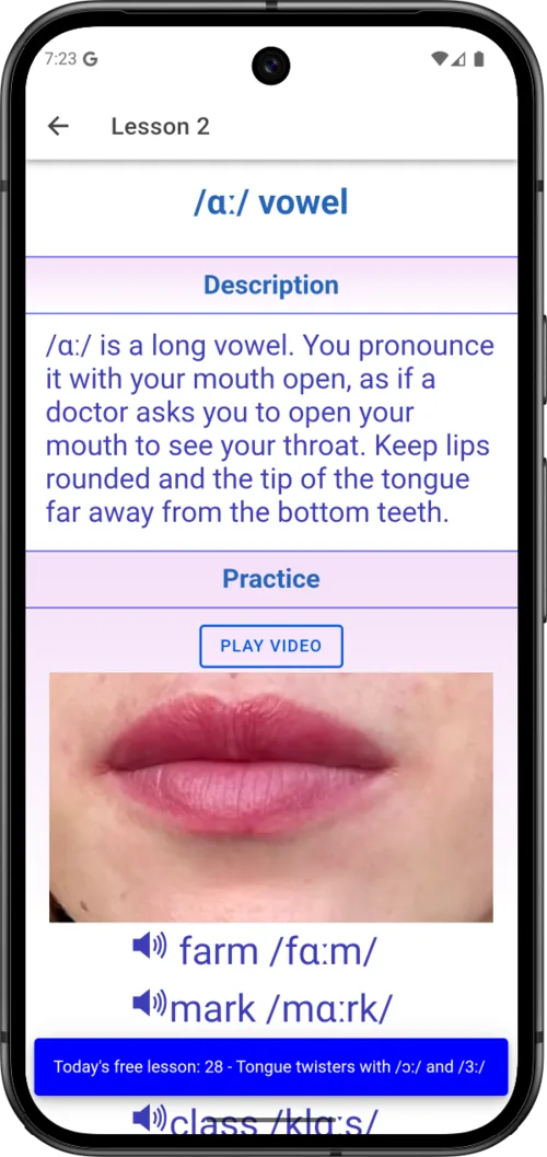 Bridge Received Pronunciation vowel lesson with articulation video
