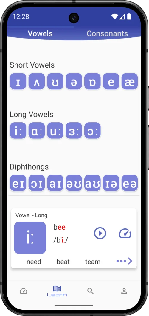 Speakometer interactive IPA chart with vowels, consonants and individual sound practice