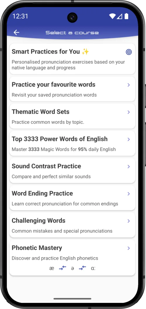 Speakometer practice menu with sound contrasts, word endings, high-frequency words and phonetic practice
