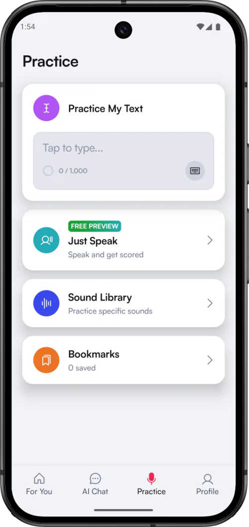 BoldVoice pronunciation practice menu with sound library