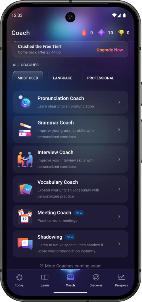 ELSA Speak pronunciation and language coach menu