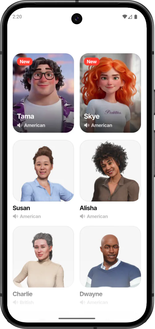 Praktika AI tutor selection with American and British accents