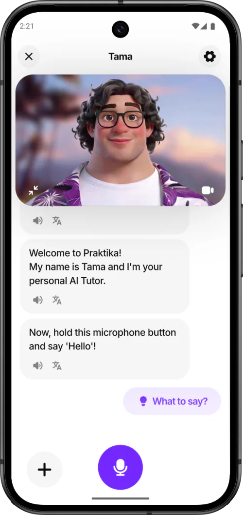 Praktika AI tutor conversation with microphone practice