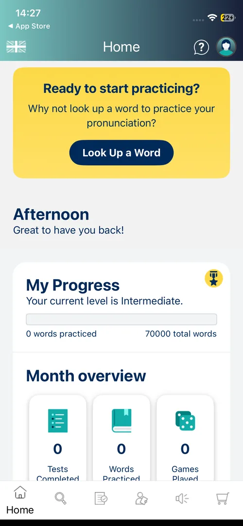 Say It home screen with pronunciation practice progress