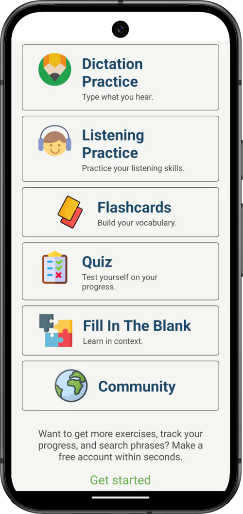 Speechling dictation, listening and vocabulary practice menu