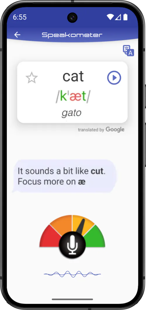Speakometer color-coded IPA feedback for the word cat