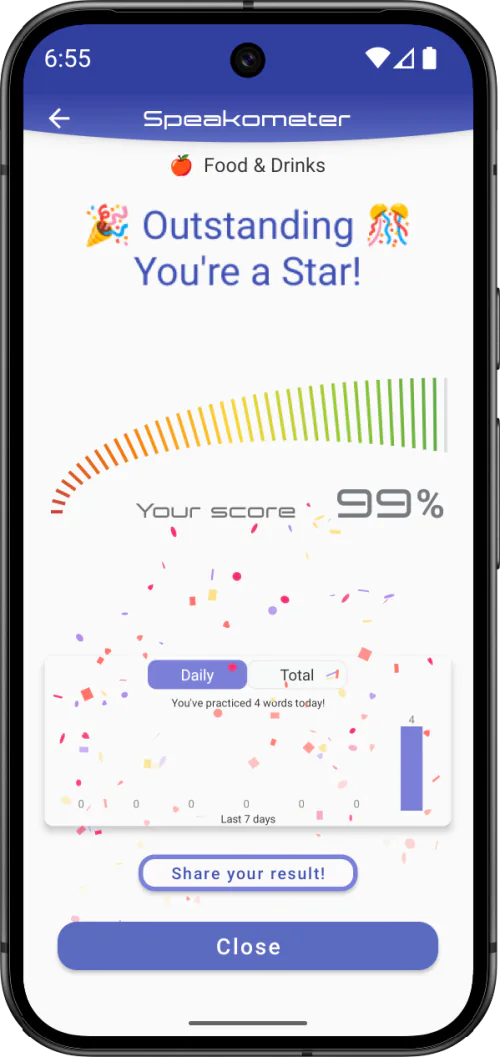 Speakometer pronunciation score and practice progress